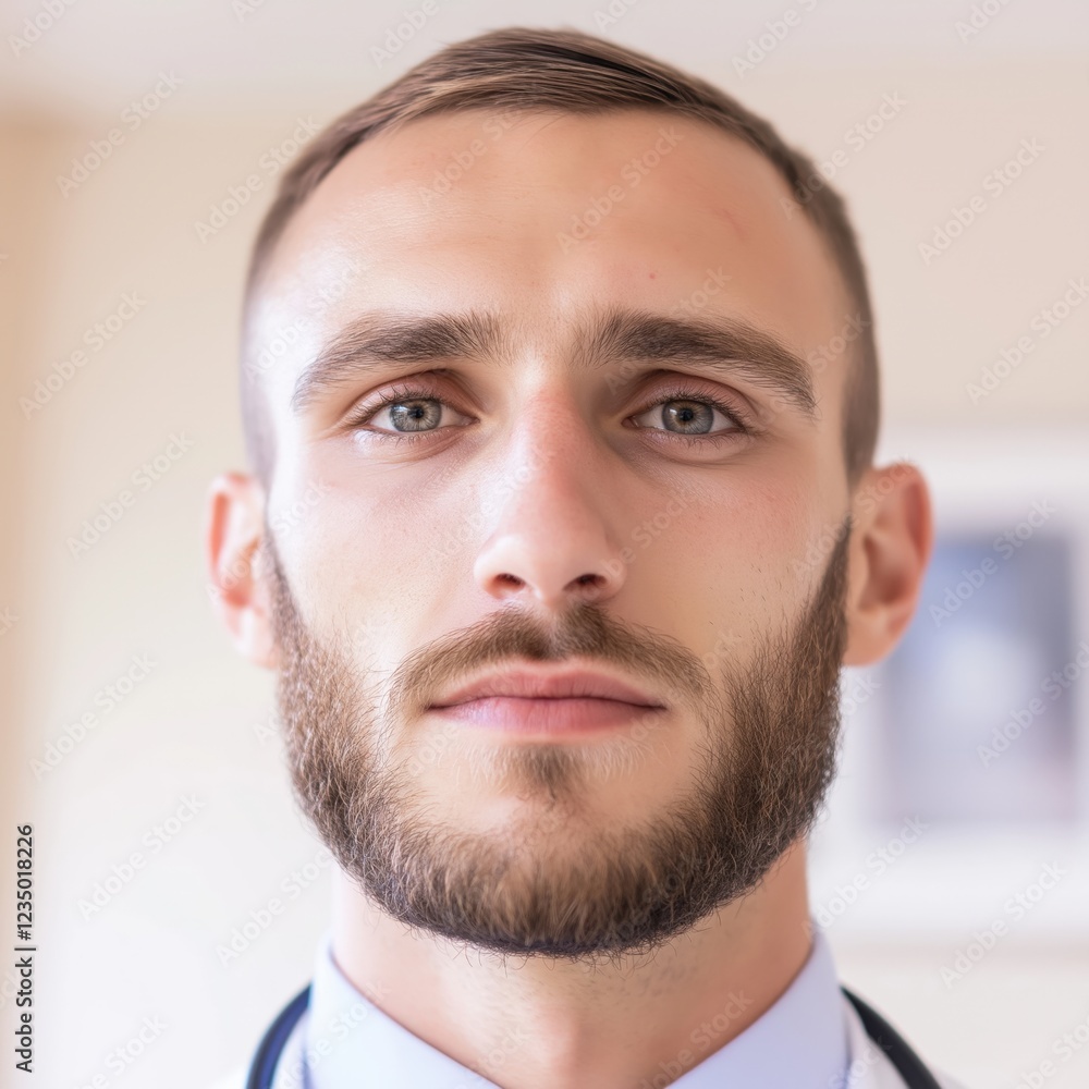 Fototapeta premium A focused White male doctor stands proudly, representing the dedication of healthcare professionals during Doctors Day in a medical setting