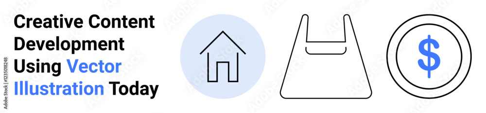 House icon, shopping bag outline, and dollar sign symbolizing home, retail, and finance. Ideal for e-commerce, savings, budgeting, real estate shopping lifestyle flat landing page banner House icon, shopping bag outline, and dollar sign symbolizing home, retail, and finance. Ideal for e-commerce, savings, budgeting, real estate shopping lifestyle flat landing page banner