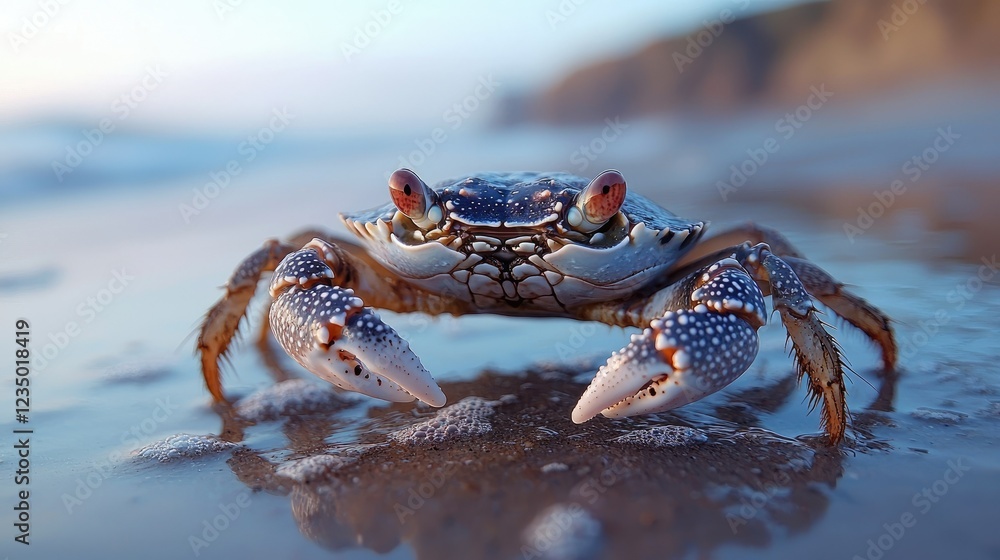A speckled crab on the beach near the ocean A speckled crab on the beach near the ocean