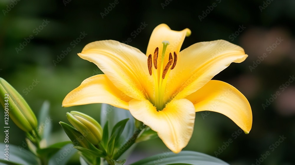 Vibrant Yellow Lily Flower Detailed CloseUp with Lush Green Leaves in Natural Setting : Generative AI Vibrant Yellow Lily Flower Detailed CloseUp with Lush Green Leaves in Natural Setting : Generative AI