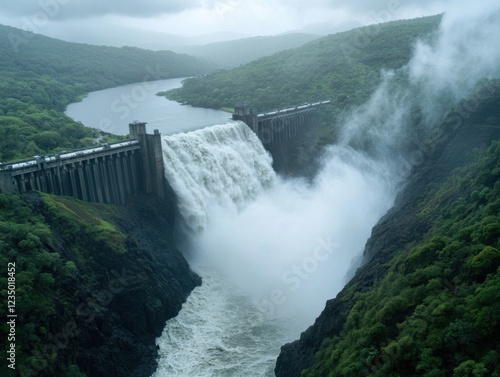 A hydroelectric dam releases cascading water amidst lush green hills under a cloudy sky, showcasing a blend of nature and human engineering. photo