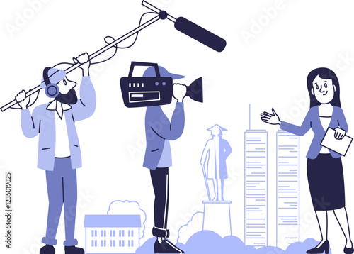 Film Crew on Location: Journalist, Cameraman, and Sound Engineer During Outdoor Reporting.