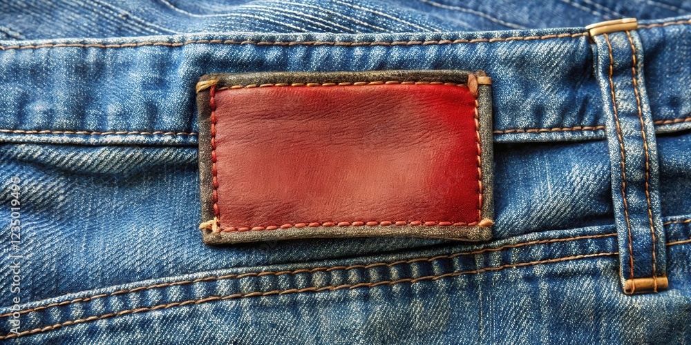 A close-up view of a red leather patch stitched onto a denim fabric with visible stitching A close-up view of a red leather patch stitched onto a denim fabric with visible stitching