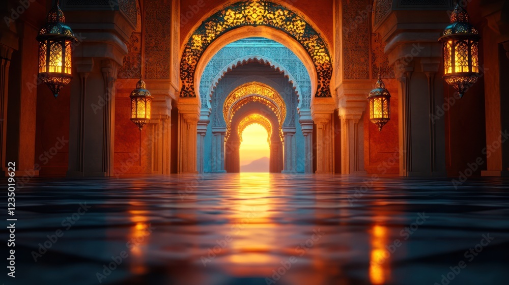 Obraz premium Moroccan palace sunset corridor reflection