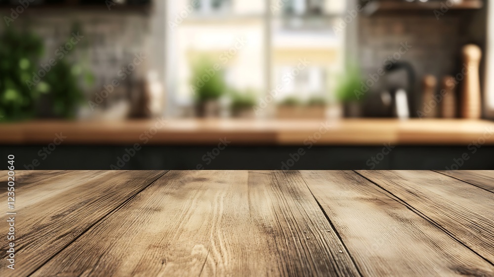 Rustic Wooden Table Surface with Modern Kitchen Blurred Background for Interior Design Concepts : Generative AI Rustic Wooden Table Surface with Modern Kitchen Blurred Background for Interior Design Concepts : Generative AI