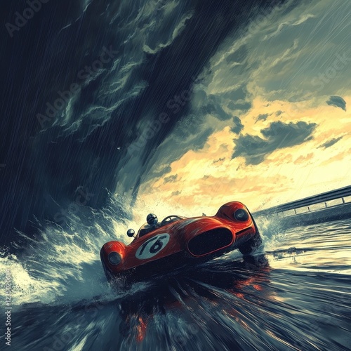 Red Race Car Speeds Through Rainstorm photo