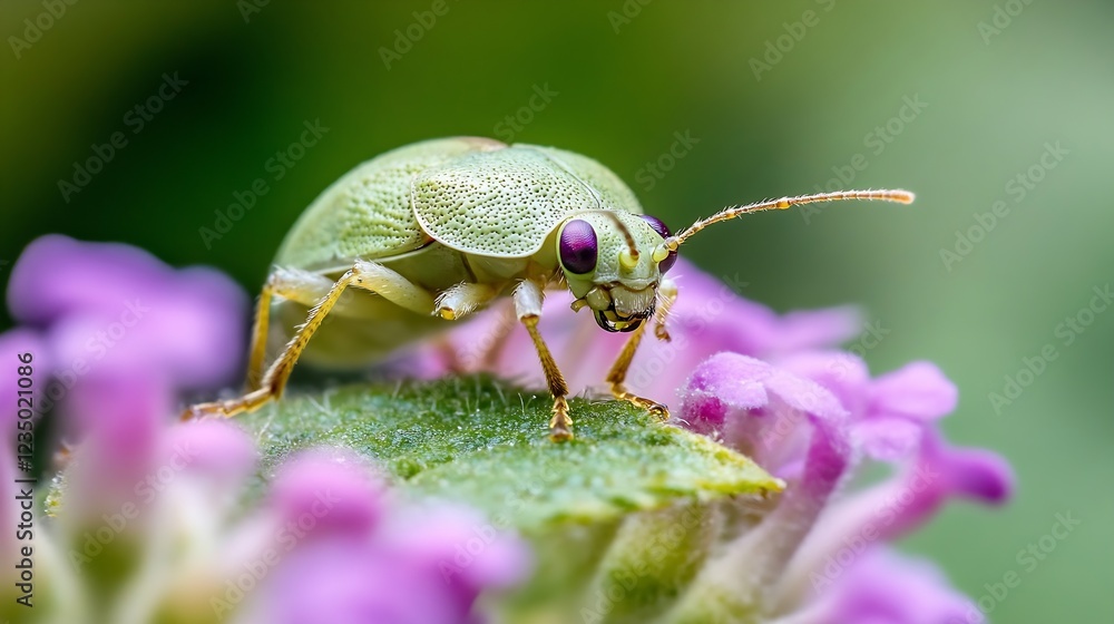 Closeup of Green Beetle on Flower Surrounded by Vibrant Blooms for Nature Photography : Generative AI Closeup of Green Beetle on Flower Surrounded by Vibrant Blooms for Nature Photography : Generative AI