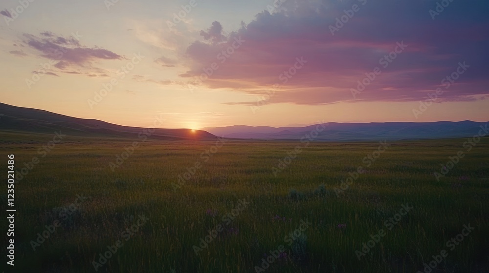 Sunset over a vast grassy plain and distant mountains Sunset over a vast grassy plain and distant mountains