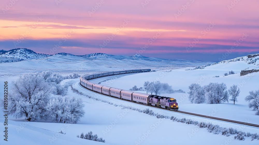 Obraz premium Scenic Train Journey Through Snowy Landscape