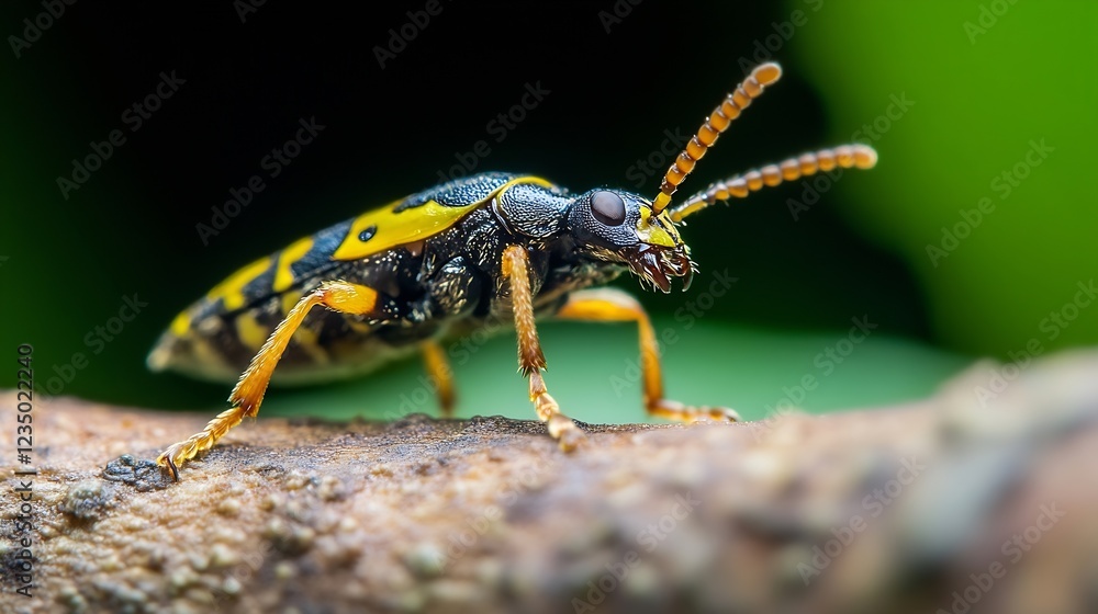 CloseUp Detailed View of Yellow and Black Beetle on Tree Branch : Generative AI CloseUp Detailed View of Yellow and Black Beetle on Tree Branch : Generative AI