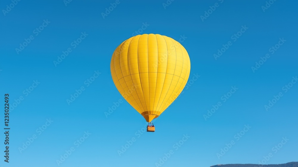 Fototapeta premium Yellow hot air balloon soaring, clear sky, landscape below, travel advertisement
