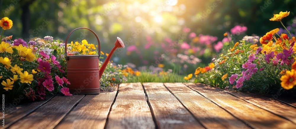 Obraz premium Sunny garden, watering can, flowers, wood deck, spring