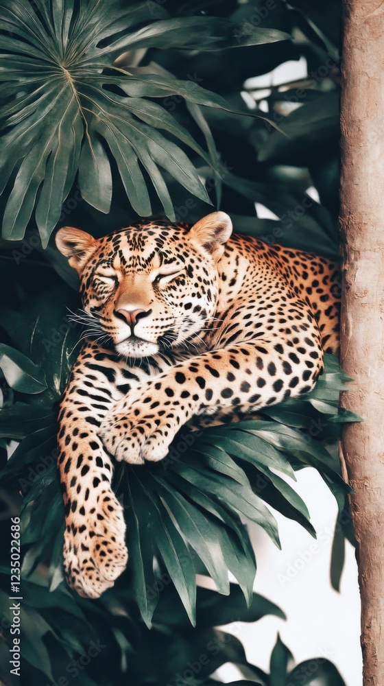 Naklejka premium A majestic leopard resting on lush green foliage, captured in a cinematic style. Its spots are vivid against the deep green leaves, creating a serene and powerful scene.