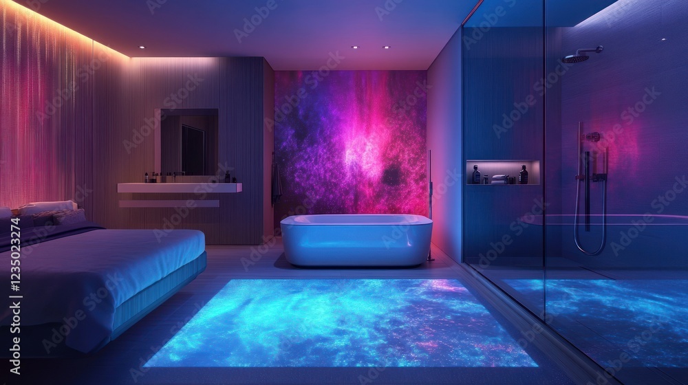 Modern bedroom ensuite with illuminated floor and galaxy wall Modern bedroom ensuite with illuminated floor and galaxy wall