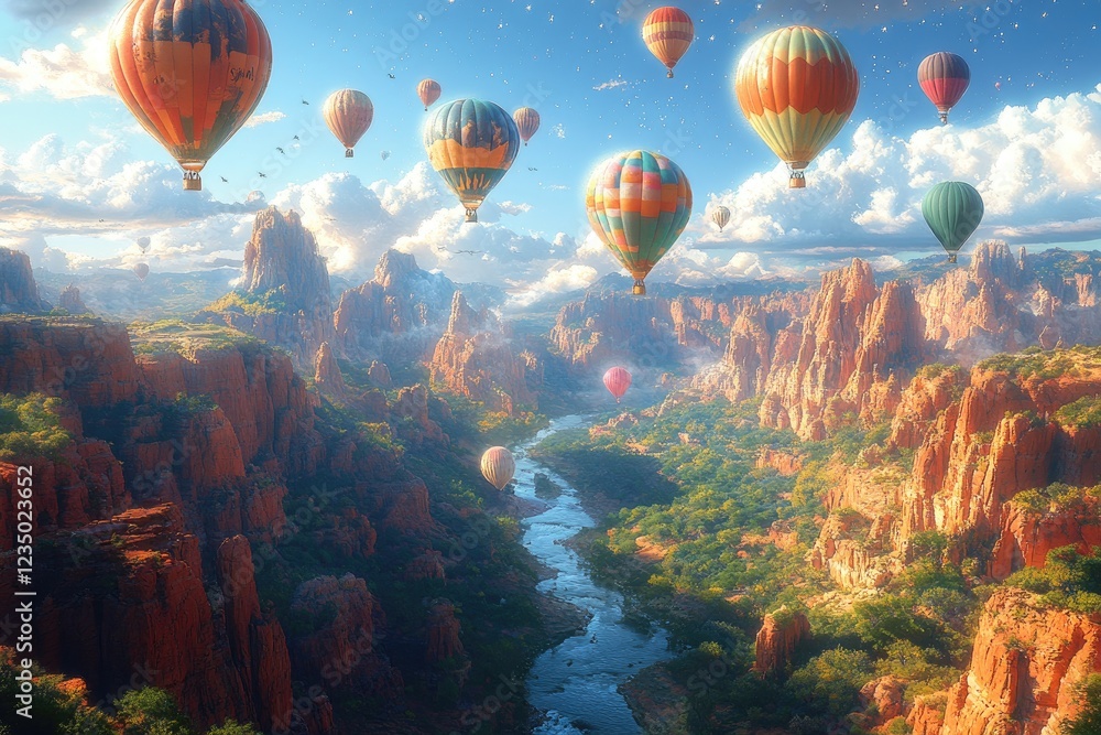 Fototapeta premium Hot Air Balloons Soar Over Canyon River Landscape