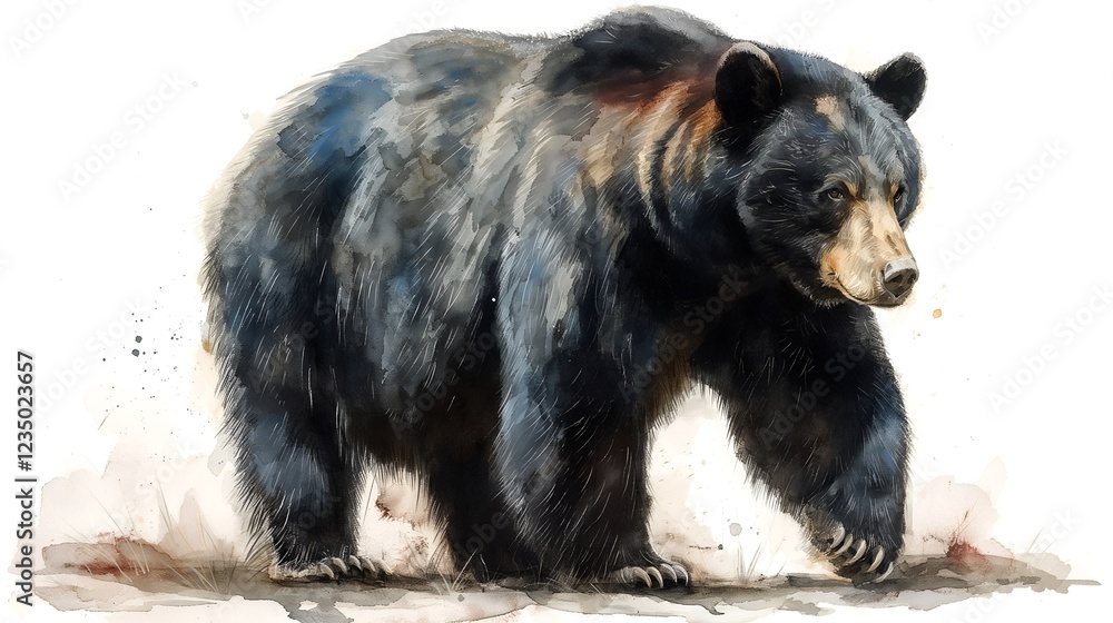 Fototapeta premium Majestic Black Bear Watercolor Illustration Perfect for nature documentaries, children's books, wildlife magazines, educational posters, and environmental campaigns.