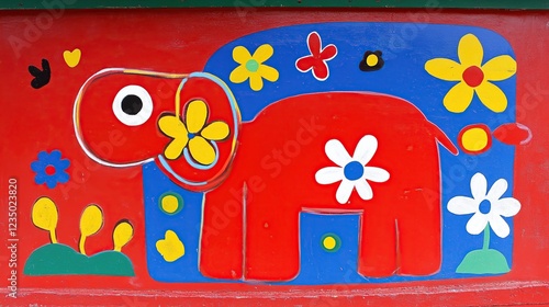 Playful red elephant mural, park wall, flowers, children's area, playful design