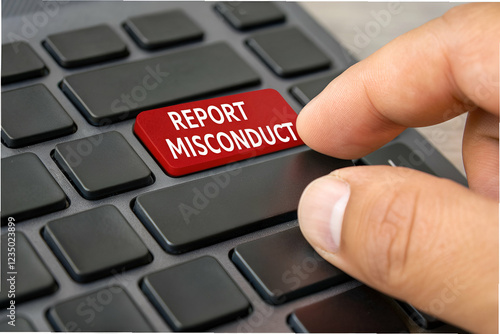 Wallpaper Mural Business Ethics, A hand is about to press a red button labeled "REPORT MISCONDUCT" on a black keyboard, symbolizing the act of reporting inappropriate behavior. Torontodigital.ca