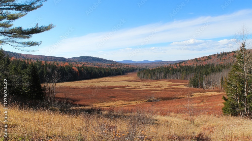 Autumnal valley vista showcasing vibrant fall foliage and meadows Autumnal valley vista showcasing vibrant fall foliage and meadows