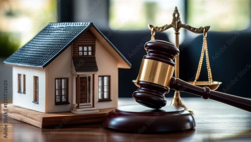 A closeup view features a judge's gavel next to a small house model, symbolizing the connection between law and real estate in a legal environment filled with books A closeup view features a judge's gavel next to a small house model, symbolizing the connection between law and real estate in a legal environment filled with books