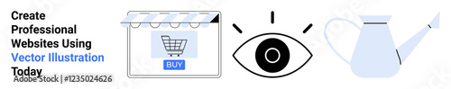 Shopping cart storefront, eye with focus lines, and watering can for e-commerce, vision, and nurturing creativity. Ideal for business, marketing, entrepreneurship, growth design ideas flat landing