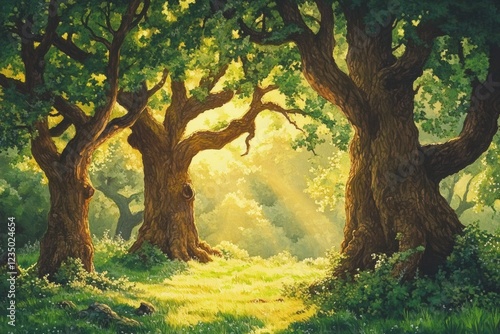 Sunlit forest glade with ancient oak trees bathed in warm golden light, creating a peaceful and enchanting atmosphere surrounded by lush greenery