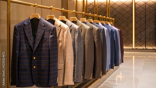 Luxurious men blazers on hangers in suit shop