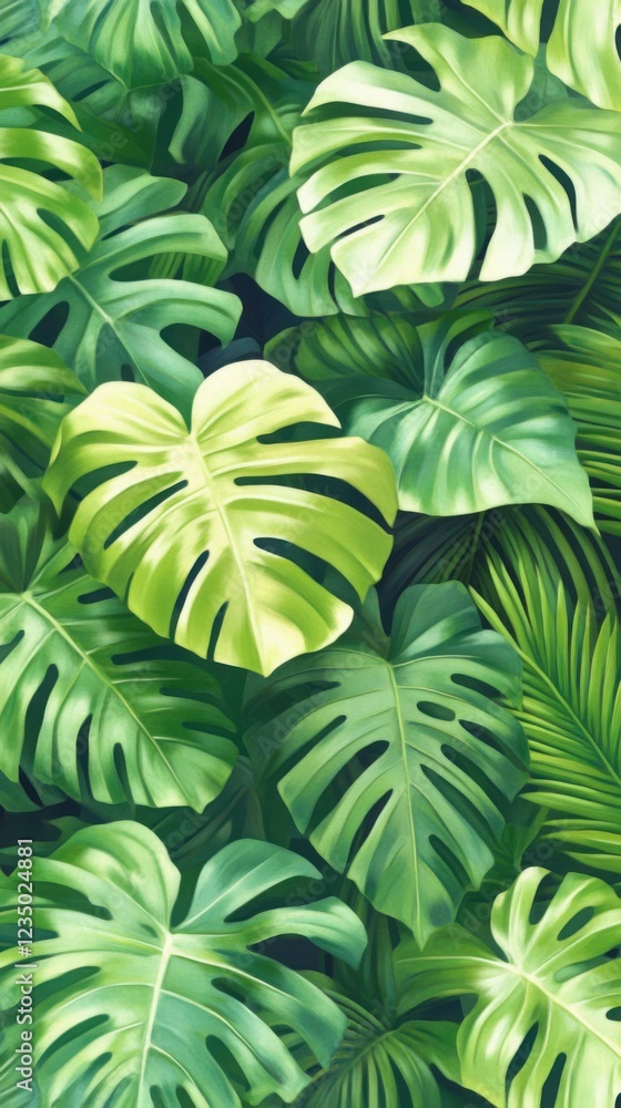 custom made wallpaper toronto digitalVibrant image of tropical foliage featuring Monstera and palm leaves, showcasing lush greenery and intricate leaf patterns.