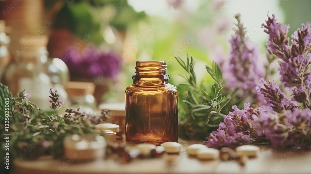 Natural Aromatherapy Essentials with Lavender and Glass Bottles : Generative AI