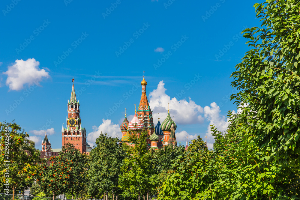 View from the Kremlin embankment to the towers of Moscow Kremlin, Russia View from the Kremlin embankment to the towers of Moscow Kremlin, Russia