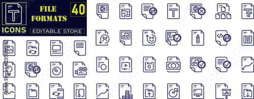 Line icon set for document file formats, including EPS, PDF, PSD, AI, XL, PPT, EXE, and more. Editable stroke icon collection.