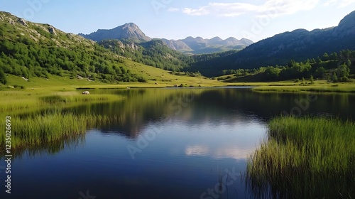 Pristine Mountain Lake Surrounded by Lush Green Hills and Majestic Peaks Under Clear Skies : Generative AI