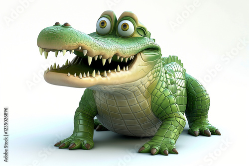 A 3D cartoon-style crocodile with a big, friendly smile, designed in a playful and lively manner