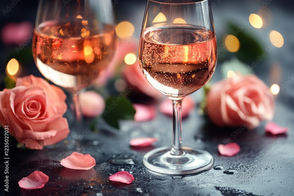 Romantic scene with sparkling rosé glasses and pink roses. Romantic scene with sparkling rosé glasses and pink roses.