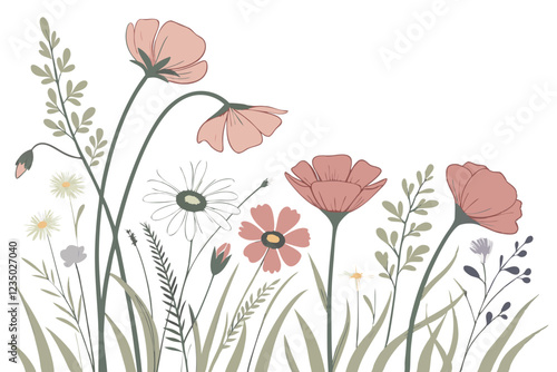 Watercolor wildflower meadow, colorful poppies and daisies, delicate botanical illustration, soft pastel hues, spring garden scene, white background, dreamy floral arrangement, loose painterly style, 