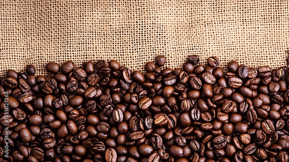 Burlap Bag Overflowing with Dark Roast Coffee Beans on Burlap Background : Generative AI Burlap Bag Overflowing with Dark Roast Coffee Beans on Burlap Background : Generative AI