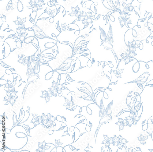 Graphic seamless pattern with flowers and birds.