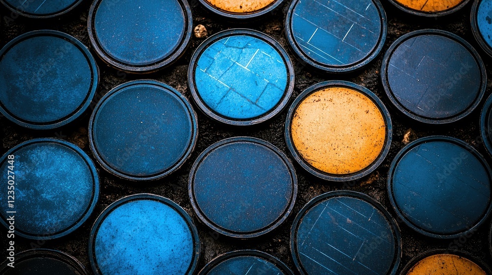 Circular Blue and Yellow Painted Metal Objects Circular Blue and Yellow Painted Metal Objects