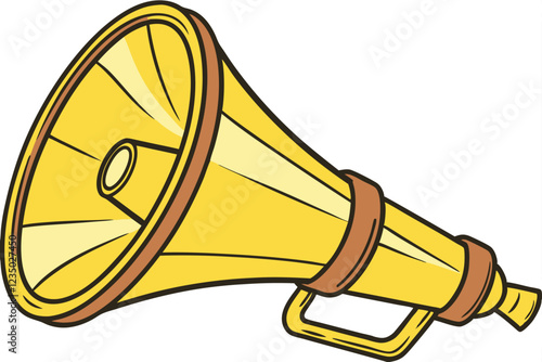 Golden megaphone, bullhorn, announcement device, communication tool, shiny metallic surface, cylindrical shape, conical speaker, vibrant yellow color, iconic design, loud speaker, public address syste