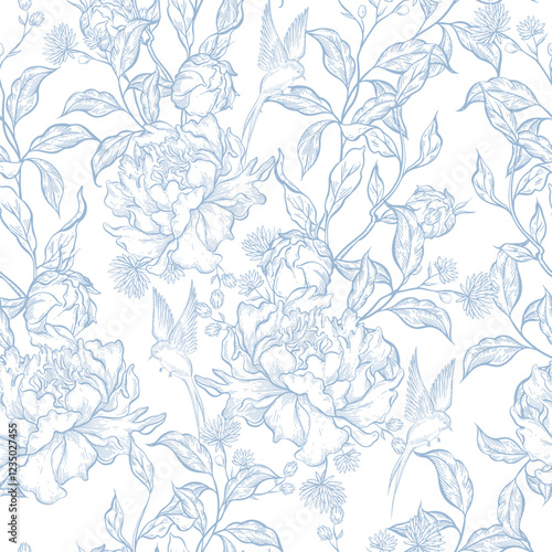 Graphic seamless pattern with flowers and birds.