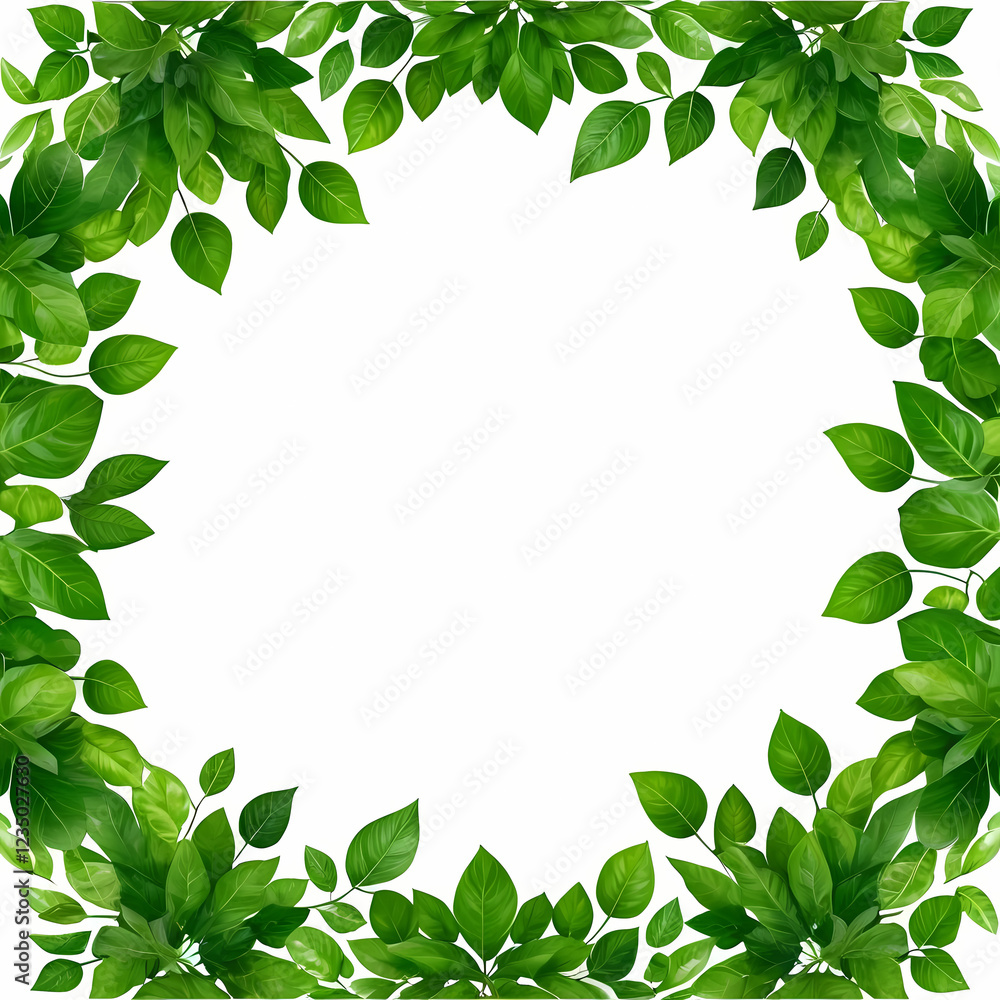 A vibrant arrangement of green leaves creating a natural border, isolated on a transparent or white background 