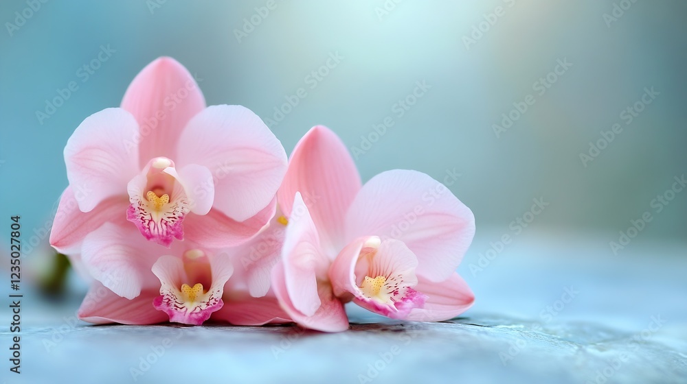 Soft Pink Orchids Resting on a Smooth Blue Surface : Generative AI Soft Pink Orchids Resting on a Smooth Blue Surface : Generative AI