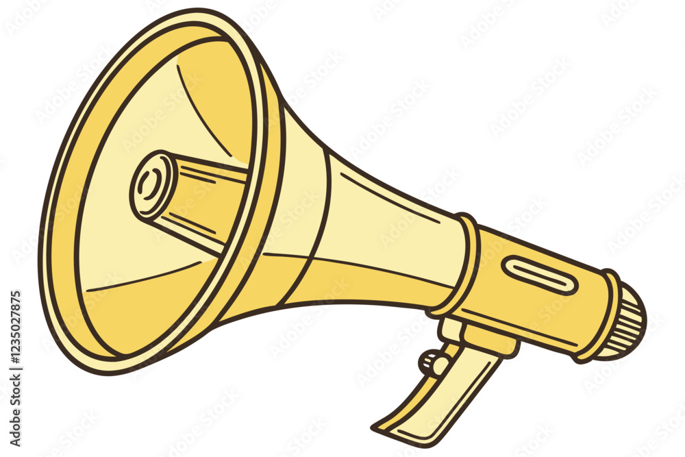 Golden megaphone, bullhorn, announcement device, communication tool, shiny metallic surface, cylindrical shape, conical speaker, vibrant yellow color, iconic design, loud speaker, public address syste Golden megaphone, bullhorn, announcement device, communication tool, shiny metallic surface, cylindrical shape, conical speaker, vibrant yellow color, iconic design, loud speaker, public address syste