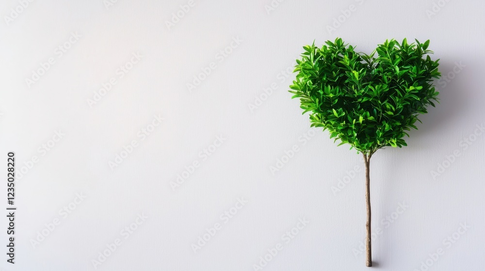 Fototapeta premium Heart-shaped tree with vibrant green leaves against a neutral background.