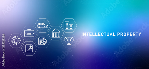 Intellectual Property gradient header ownership company lawsuit patent trademark protection license management authorship development design icon outline