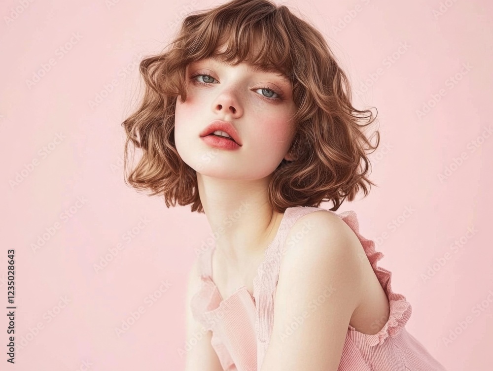 A portrait of a fictional woman with soft, curly hair and an elegant expression, set against a pastel pink background, conveying a serene and gentle mood. A portrait of a fictional woman with soft, curly hair and an elegant expression, set against a pastel pink background, conveying a serene and gentle mood.