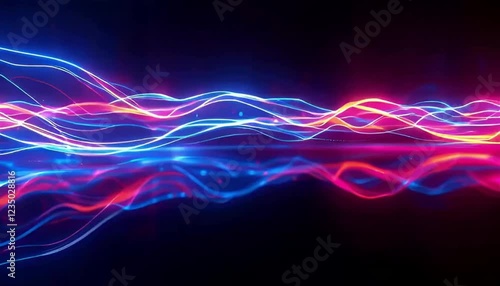 An abstract graphic of dynamic glowing lines in blue and red, possibly a depiction of light waves or energy.