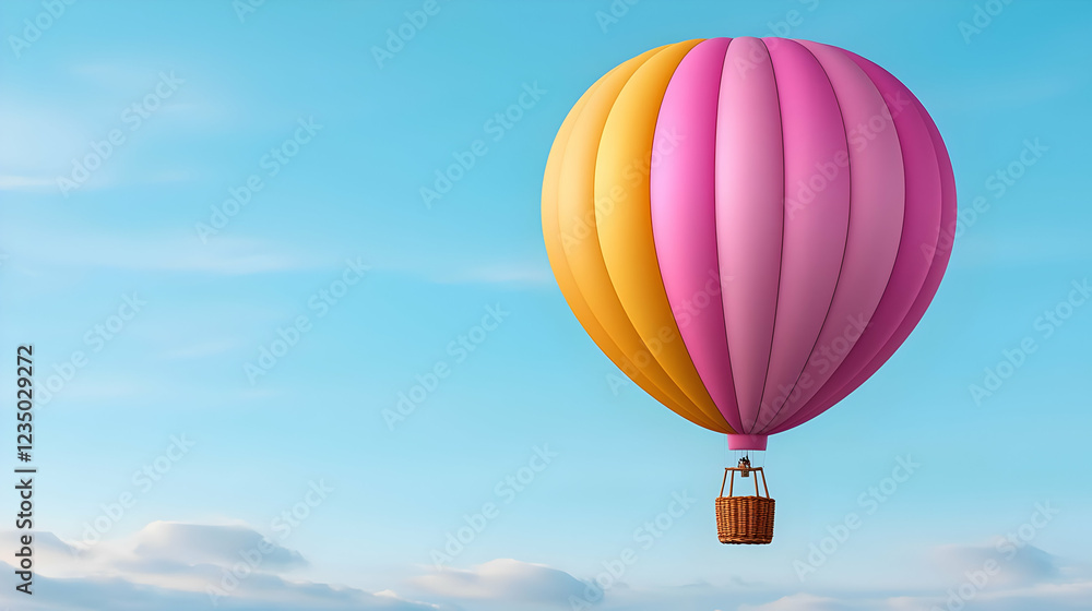 Fototapeta premium Pink and orange hot air balloon floats in a clear blue sky above fluffy white clouds; travel adventure concept