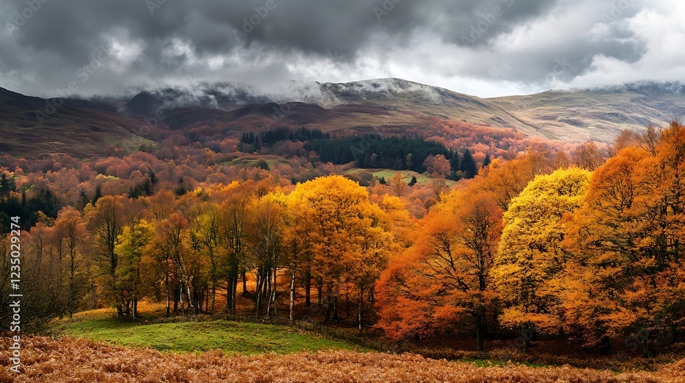Fototapeta premium Autumn Landscape with Dramatic Clouds and Vibrant Trees in Rolling Hillsides : Generative AI
