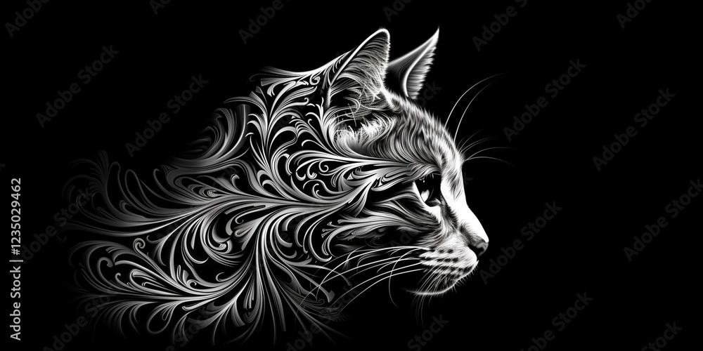 Elegant feline with intricate black and white floral patterns on black background Elegant feline with intricate black and white floral patterns on black background